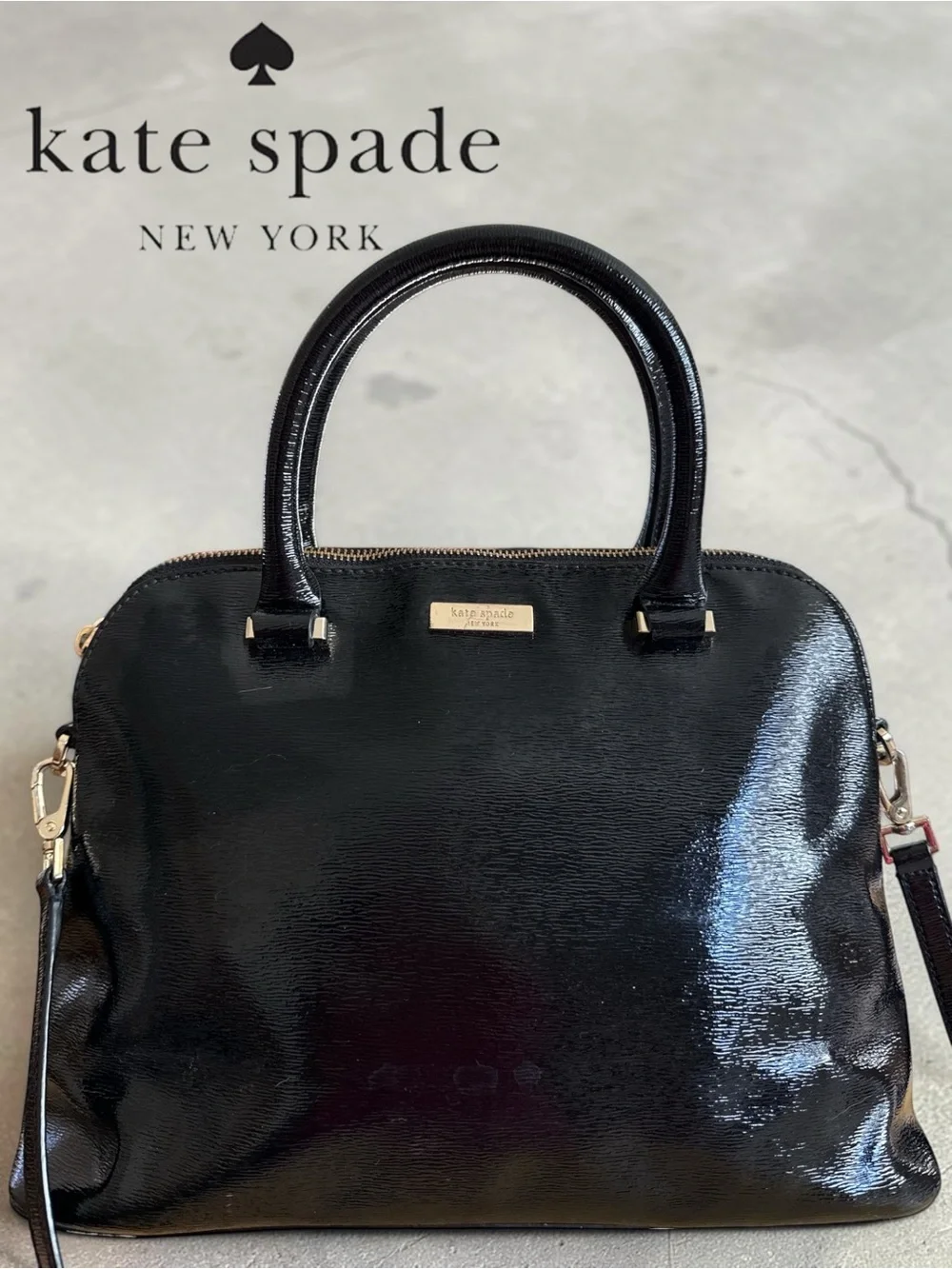 Kate Spade New York Black Patent Leather Satchel Crossbody Bag Zip Top Gold Logo